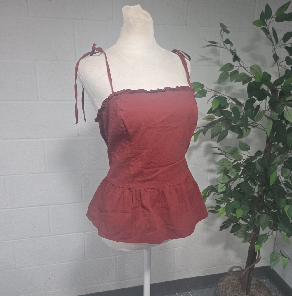 Express Ruffled Cotton Smocked Stretch Peplum Cami Bow Tie Burgundy Large Whimsi